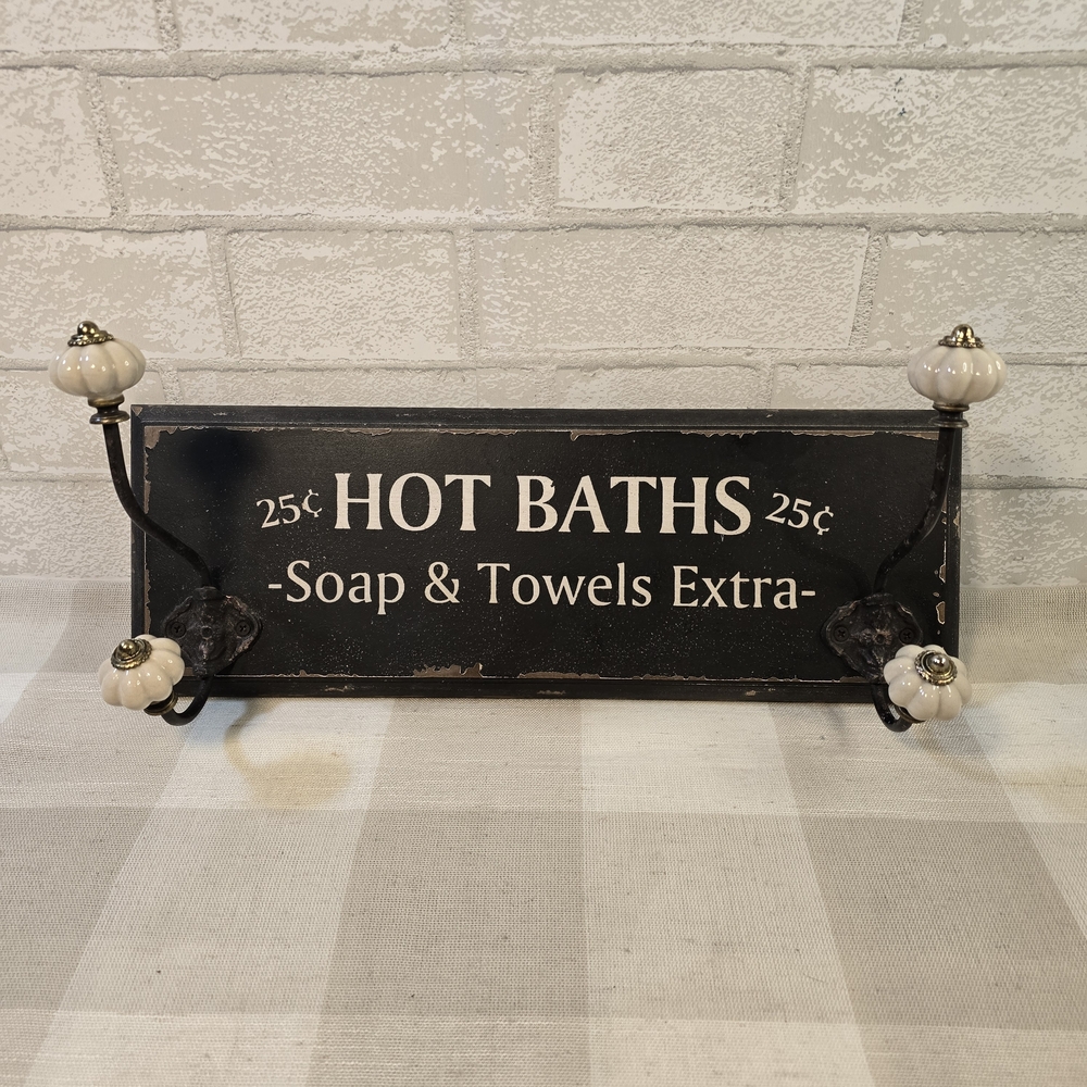 Wood Bathroom Towel Holder 4 Ceramic Hooks Hot Baths 25 Cents Soap Faux Antique - Picture 5 of 7
